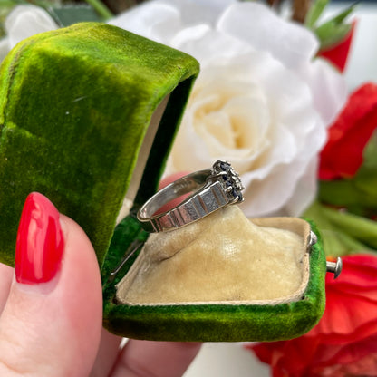 Vintage Sterling Silver Diamond & Sapphire Flower Cluster Ring 925 O