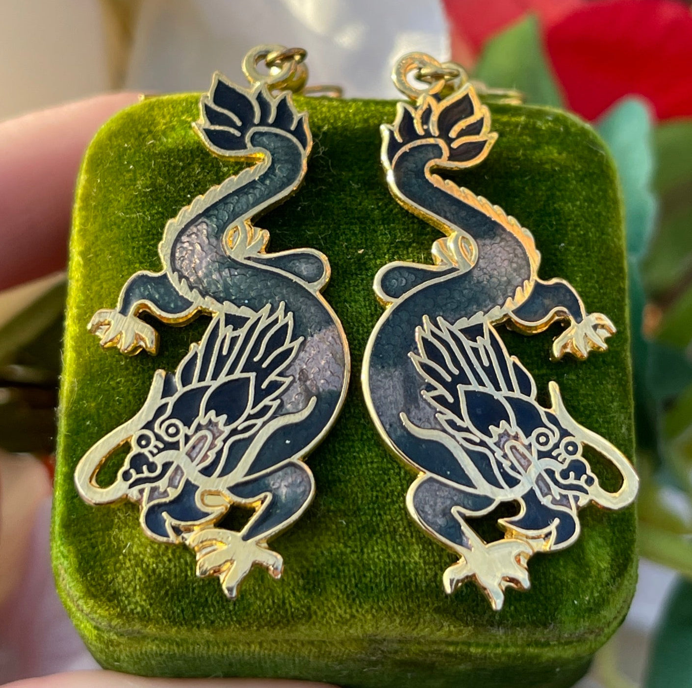 Vintage Cloisonné Mystical Black Grey Dragon Dropper Earrings