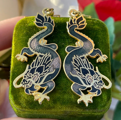Vintage Cloisonné Mystical Black Grey Dragon Dropper Earrings