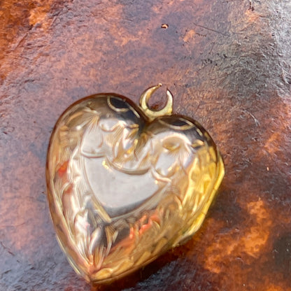 Antique Victorian 9ct Rolled Gold Heart Engraved Locket Pendant Yellow Puffy 1890 1.5g