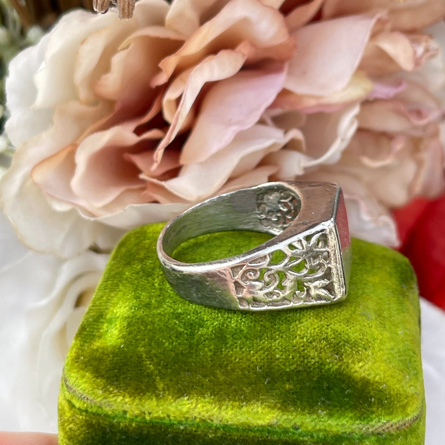 Unreleased: Antique Sterling Silver Openwork Filigree Signet Ring Q