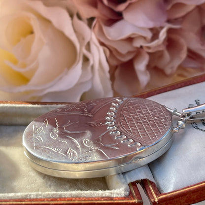 Sterling Silver XL Swallow Floral Engraved Victorian Revival Locket