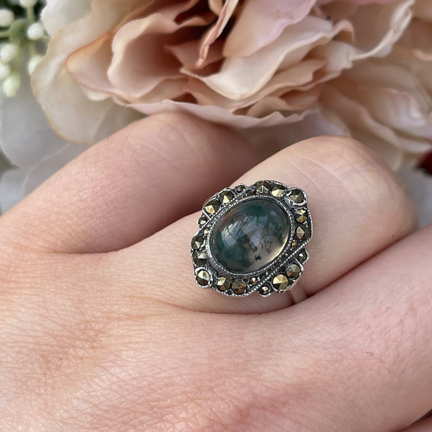 Unreleased: Art Deco Sterling Silver Moss Agate Ring M