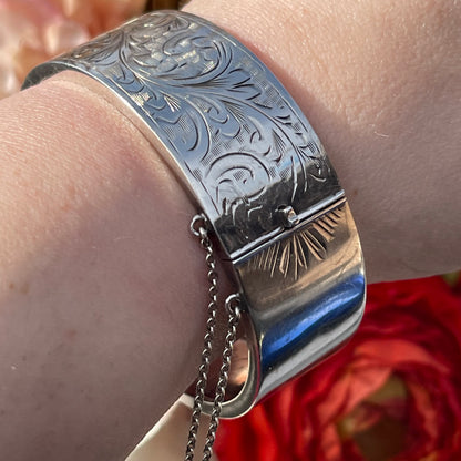 Vintage Sterling Silver Filigree Bracelet Bangle Cuff Thick Hallmarked 1953 27g
