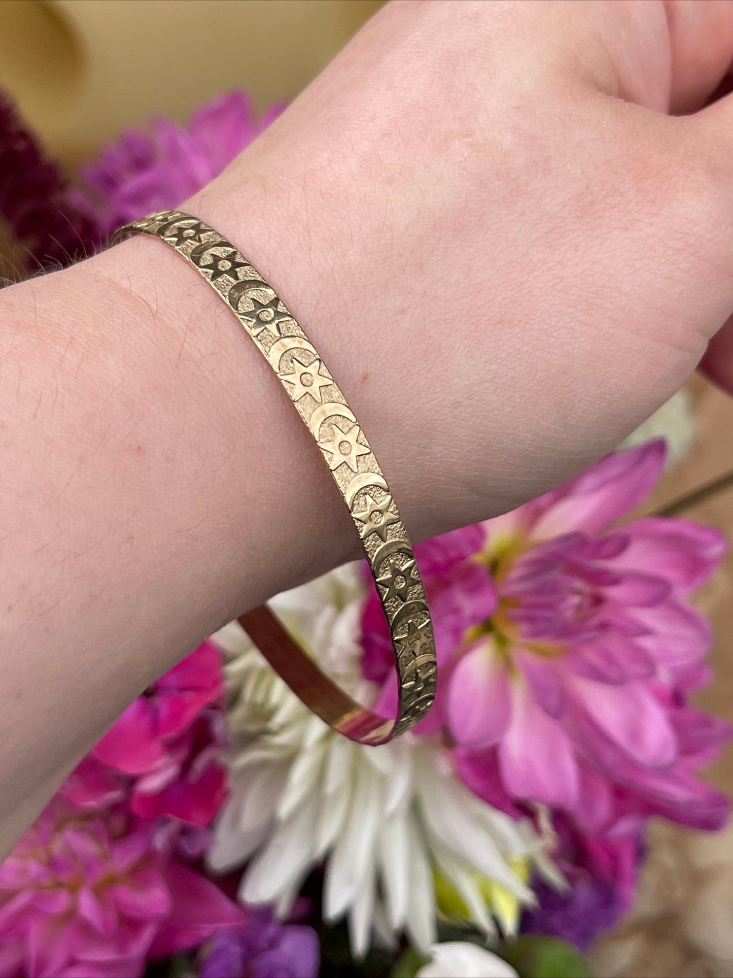 Vintage Rolled Gold Stars Moons Etched Bangle Bracelet