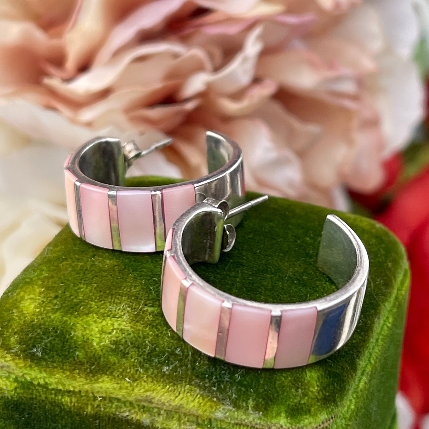 Sterling Silver Pink Mother Of Pearl Bold Half Hoop Earrings