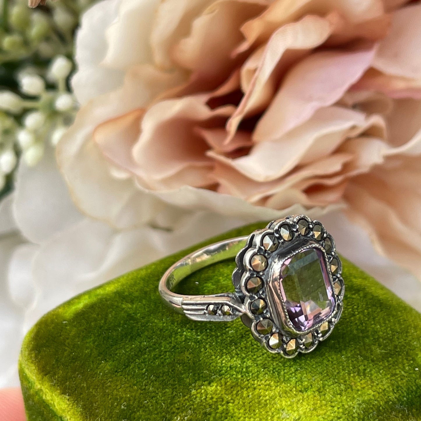 Unreleased: Art Deco Purple Amethyst Marcasite Ring M