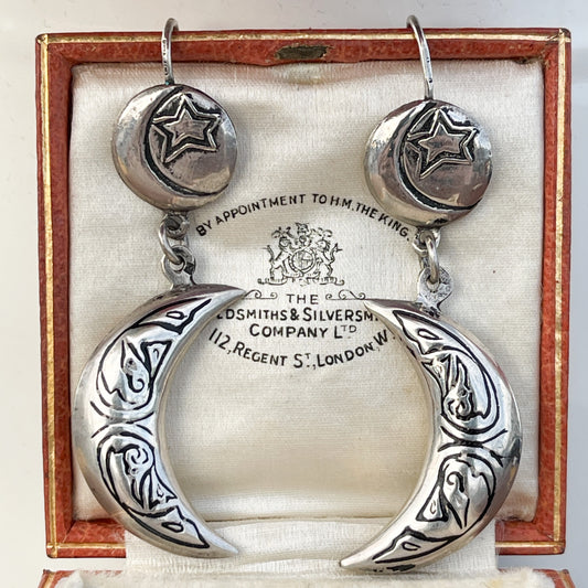 Vintage Silver Crescent Moon & Star earrings
