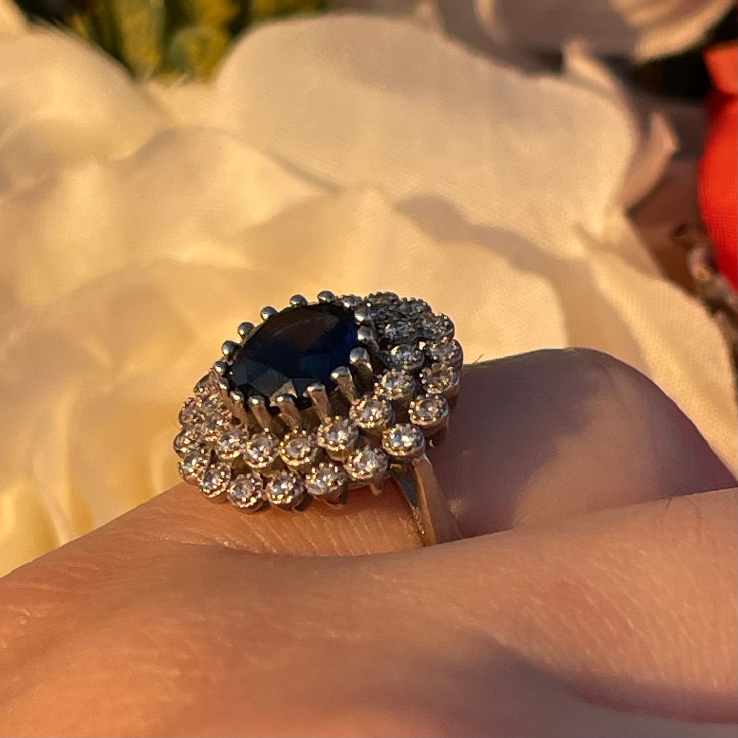 Vintage Sterling Silver 1950s Sapphire Glass Cocktail ring L