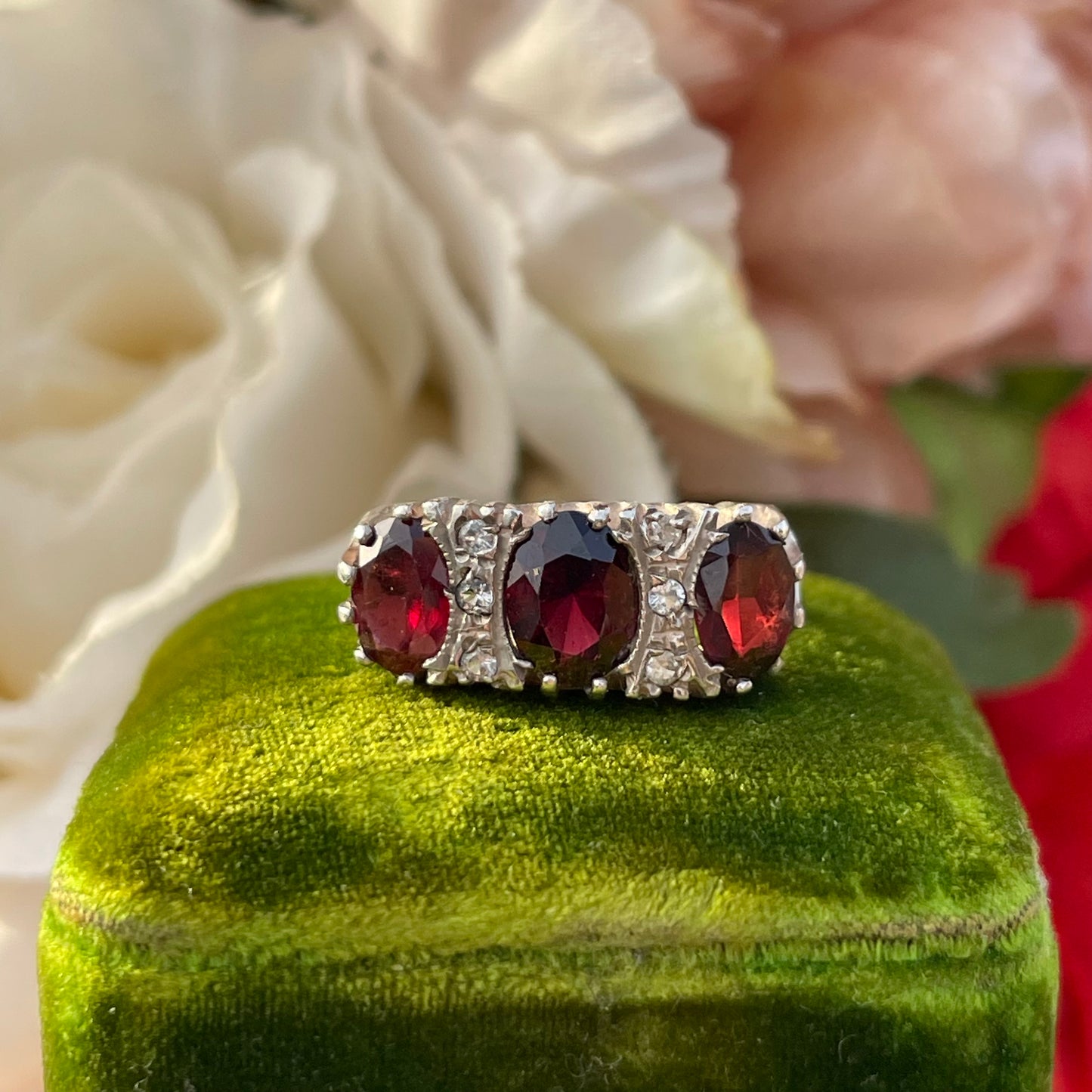 Vintage Sterling Silver 3 triple stone Gypsy Ring Victorian inspired 1977 Q 4.4g