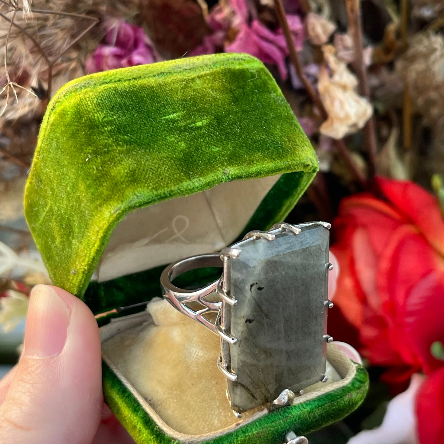 Vintage Sterling Silver Huge XXL Labradorite Ring Rectangular O-P