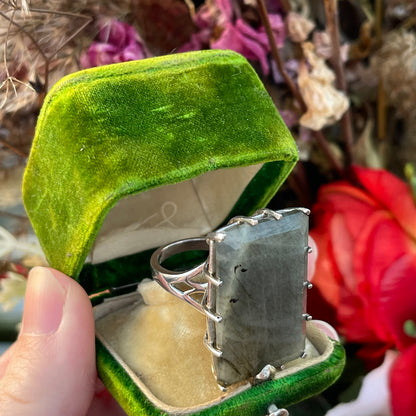 Vintage Sterling Silver Huge XXL Labradorite Ring Rectangular O-P