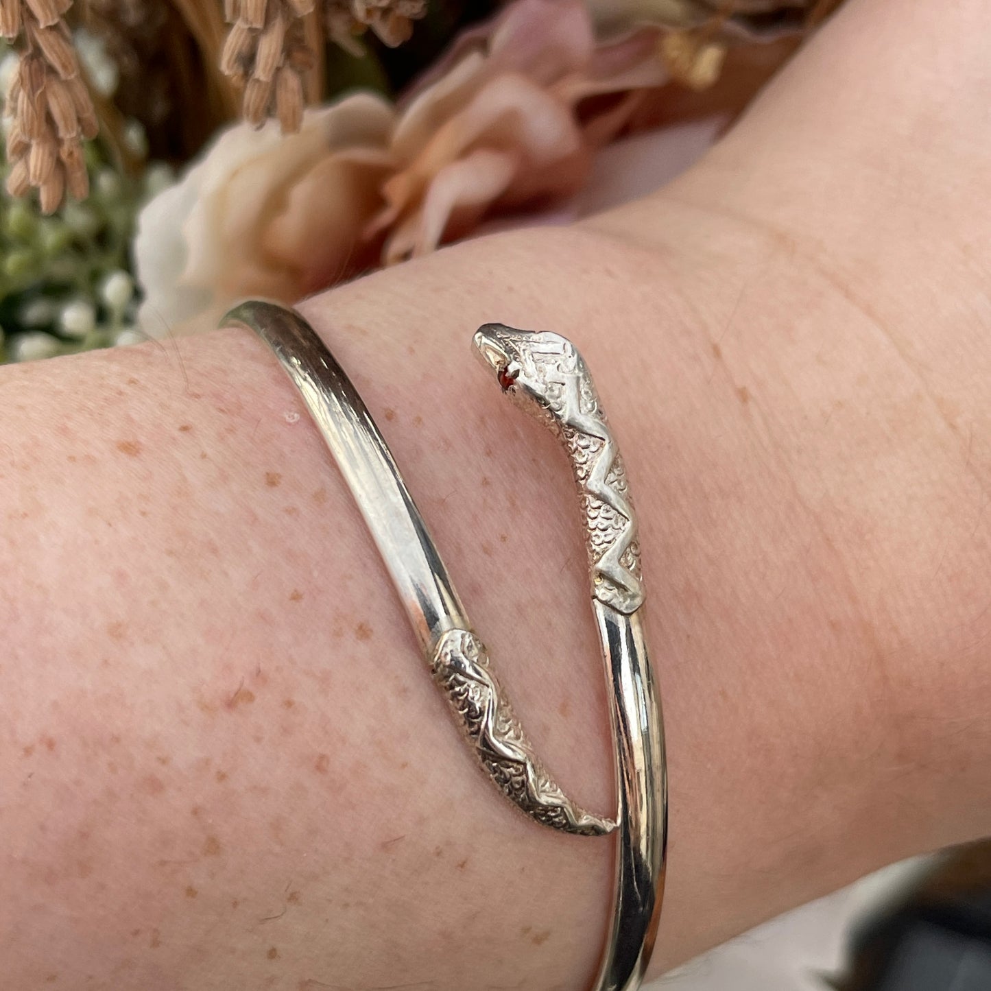 Unreleased: Vintage Sterling Silver Snake Bangle Red eyes 6.7g