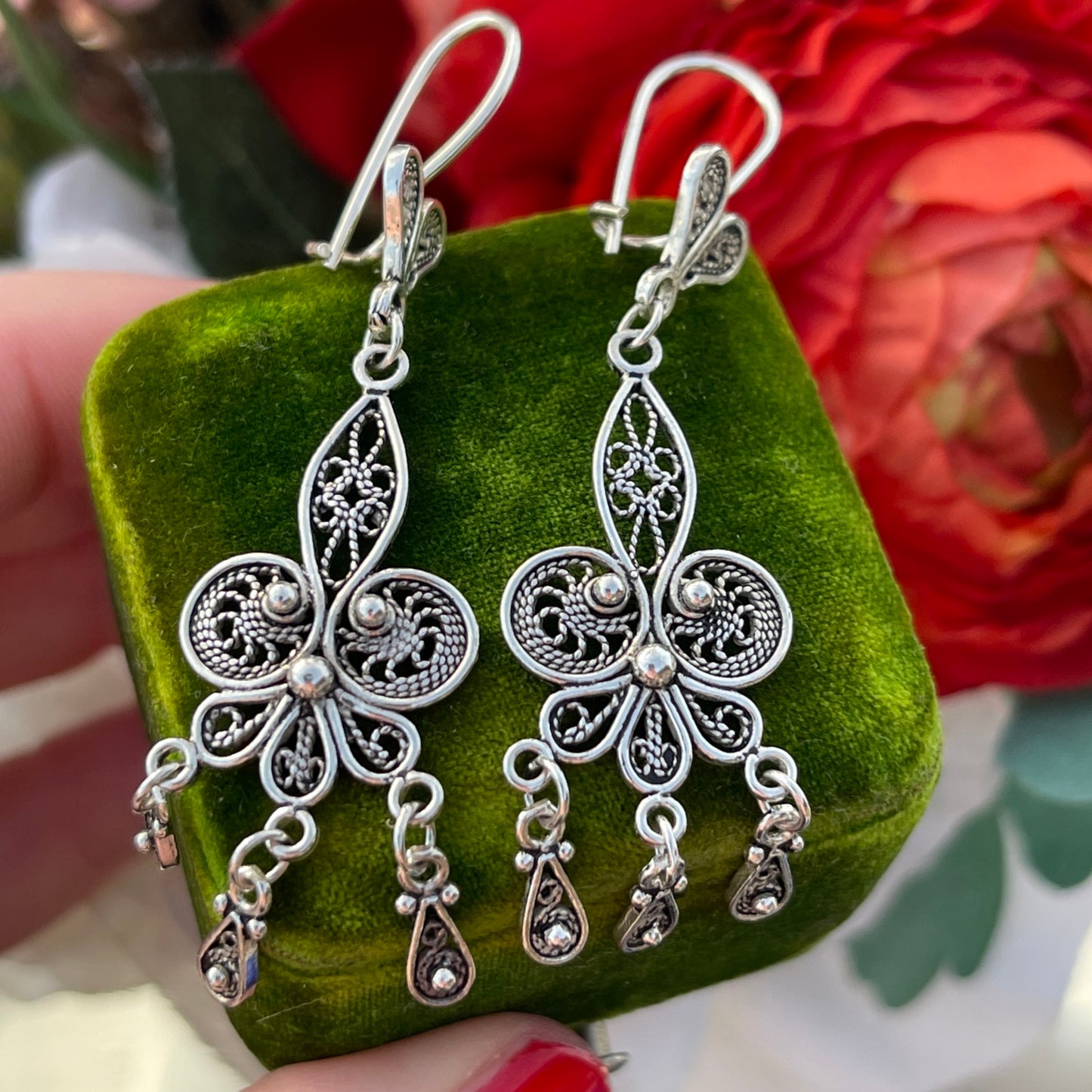 Vintage Sterling Silver Fleur De Lis Filigree earrings Tassel Chandelier Large