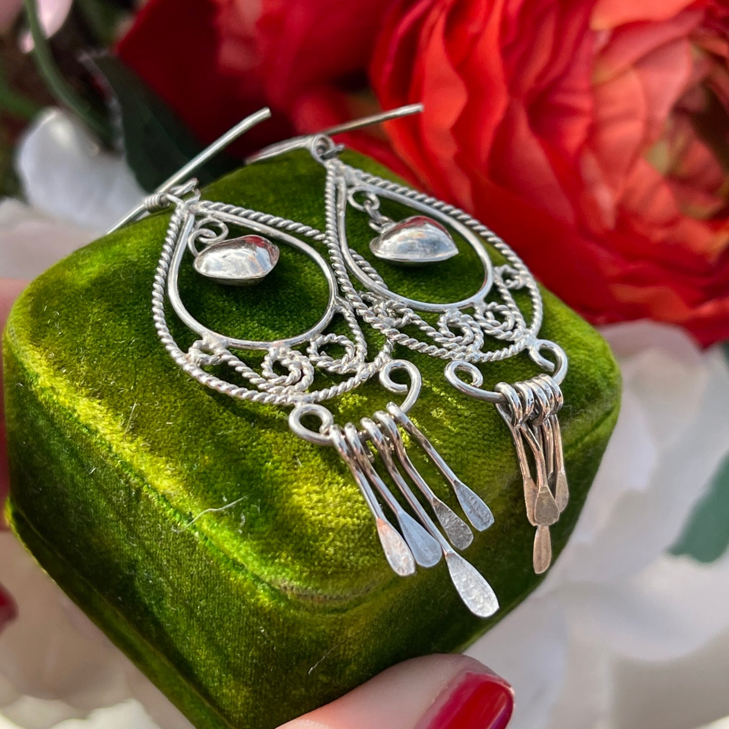 Vintage Sterling Silver Heart Charm Filigree Tear Drop Tassel Chandelier Earrings