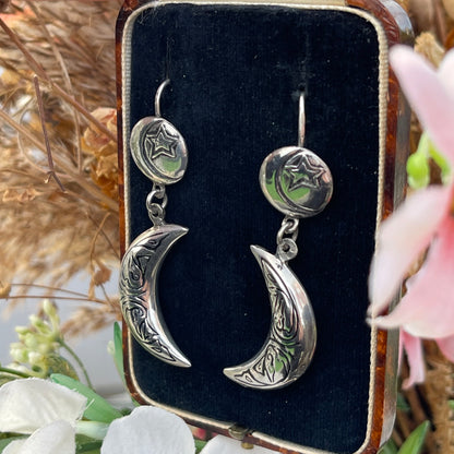 Vintage Silver Crescent Moon & Star earrings