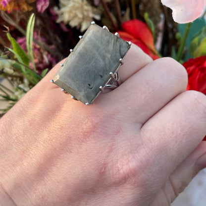Vintage Sterling Silver Huge XXL Labradorite Ring Rectangular O-P