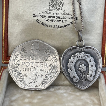 Antique Victorian Sterling Silver Heart Horseshoe Locket 1897
