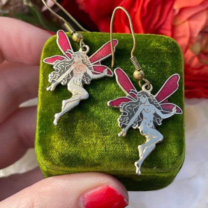 Vintage Cloisonné Enamel Red Gold Fairy Earrings
