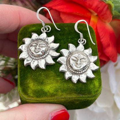 Vintage Sterling Silver Sun Face Earrings Celestial 90s