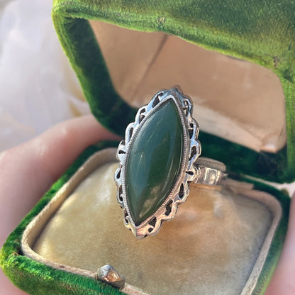 Antique Sterling Silver Large Navette Nephrite Jade Ring UK Q 5g