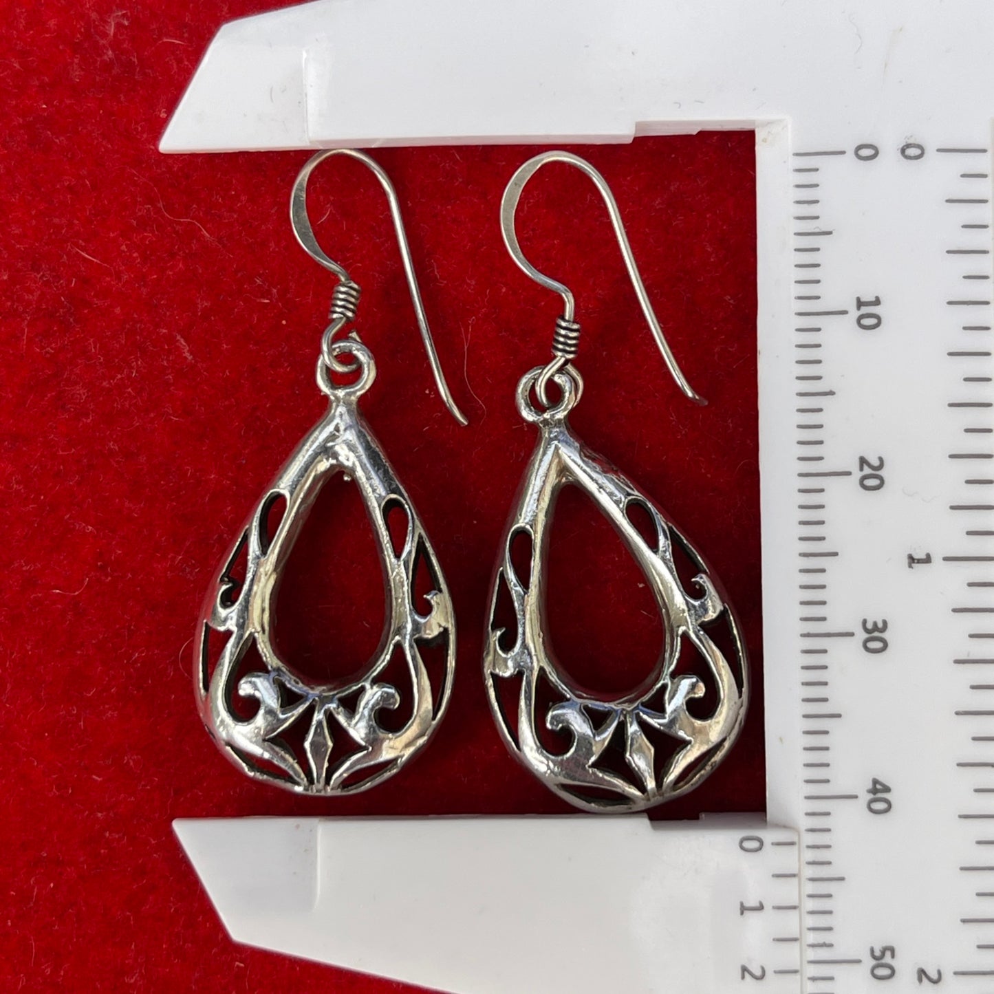Vintage Sterling Silver Tear Drop Open work Filigree Hoop Dropper Earrings