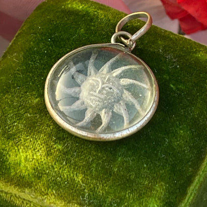 Vintage Silver Indian Reverse Carved Sun Face Pendant Necklace