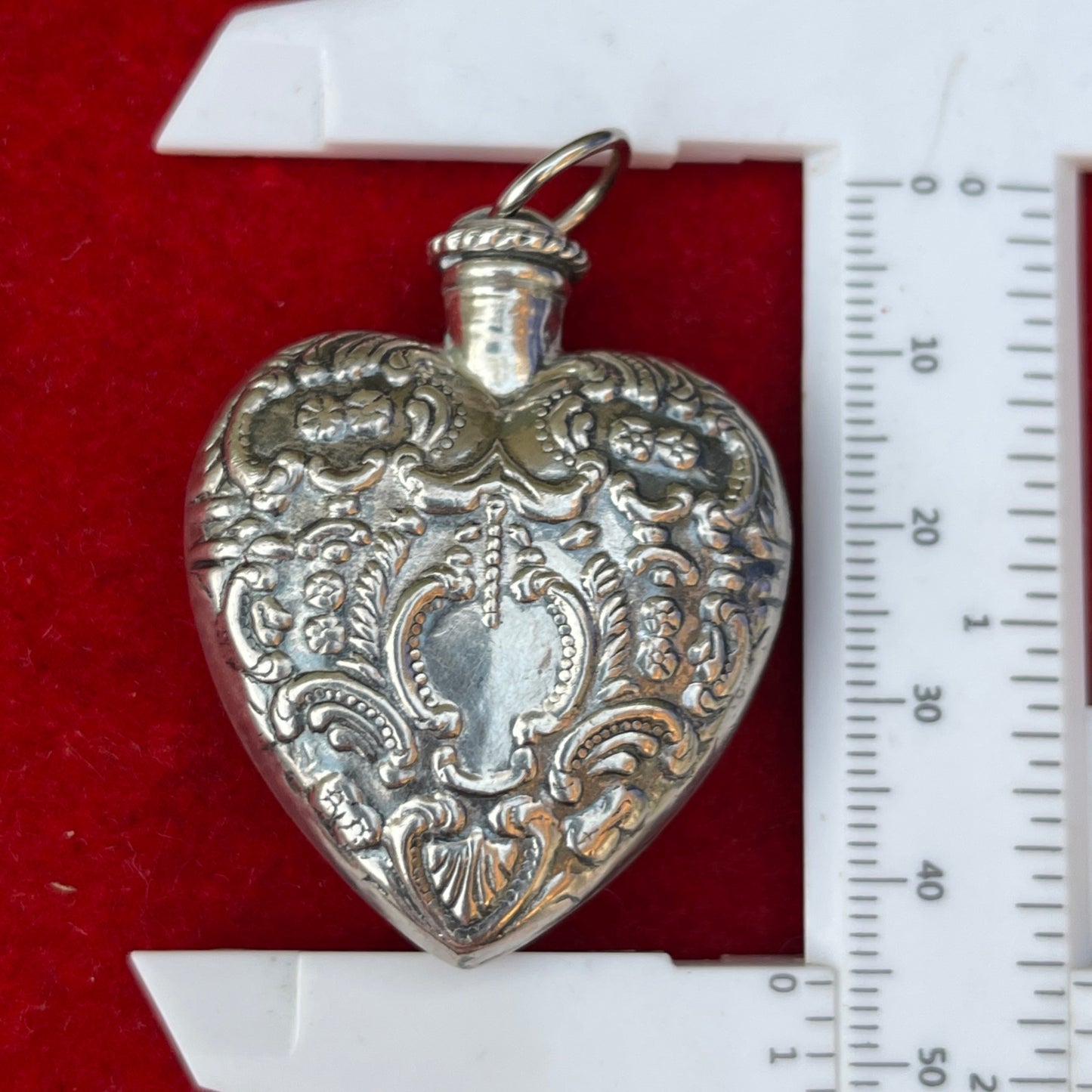 Vintage Sterling Silver Filigree Heart Perfume Repoussé chatelaine Bottle Pendant