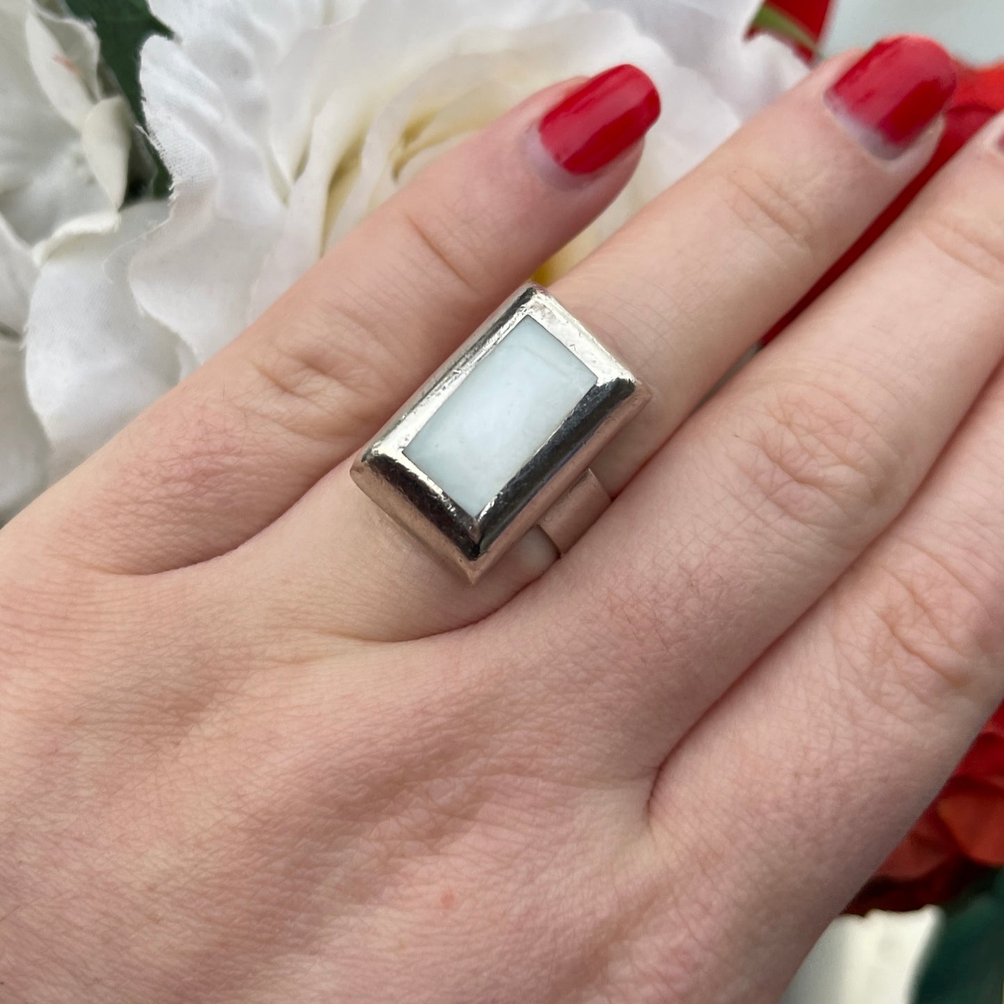 Sterling Silver Mother Of Pearl Chunky Square Cushion Ring N