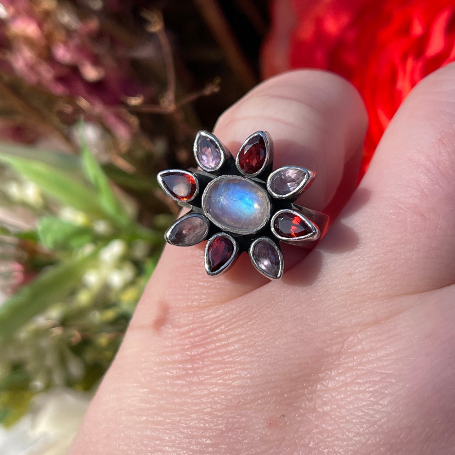 Sterling Silver Moonstone Amethyst Garnet Crystal Flower Ring M