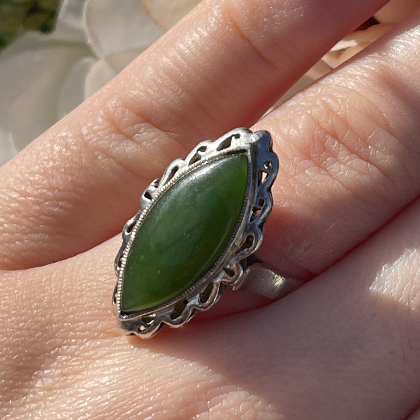Antique Sterling Silver Large Navette Nephrite Jade Ring UK Q 5g