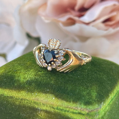 Vintage 9ct Gold Claddagh Ring heart hands Crown Sapphire Q R 2g