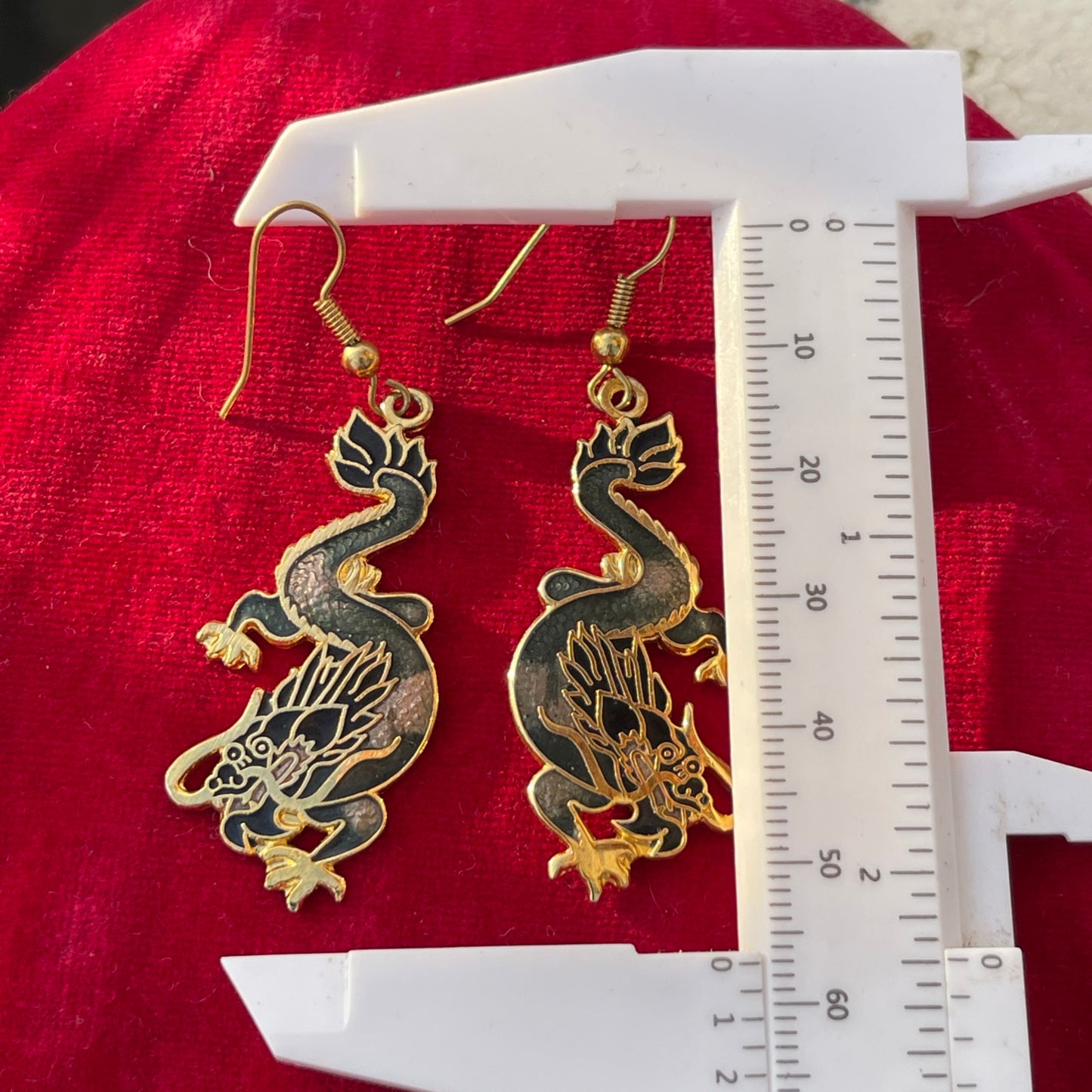 Vintage Cloisonné Mystical Black Grey Dragon Dropper Earrings