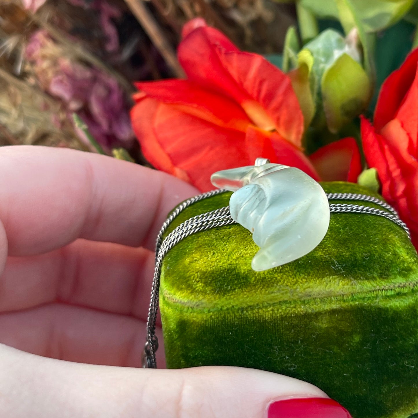 Vintage Sterling Silver Glass Moon Face Pendant Necklace