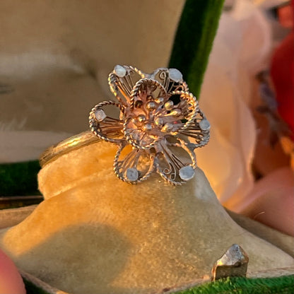 Vintage Silver Filigree Flower Daffodil ring O