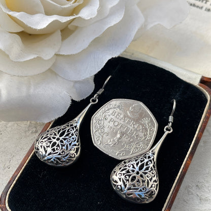 Vintage Sterling Large Open work Filigree Tear Drop Dropper Earrings