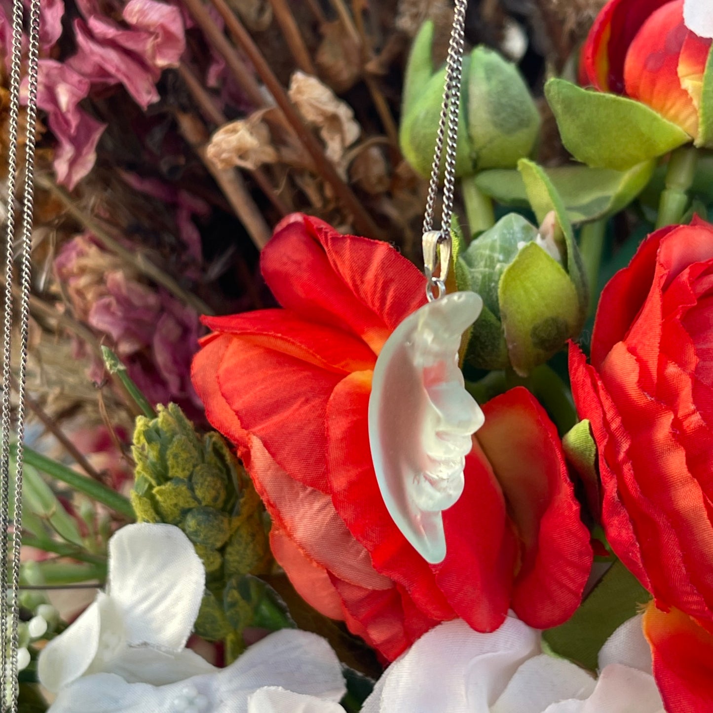 Vintage Sterling Silver Glass Moon Face Pendant Necklace