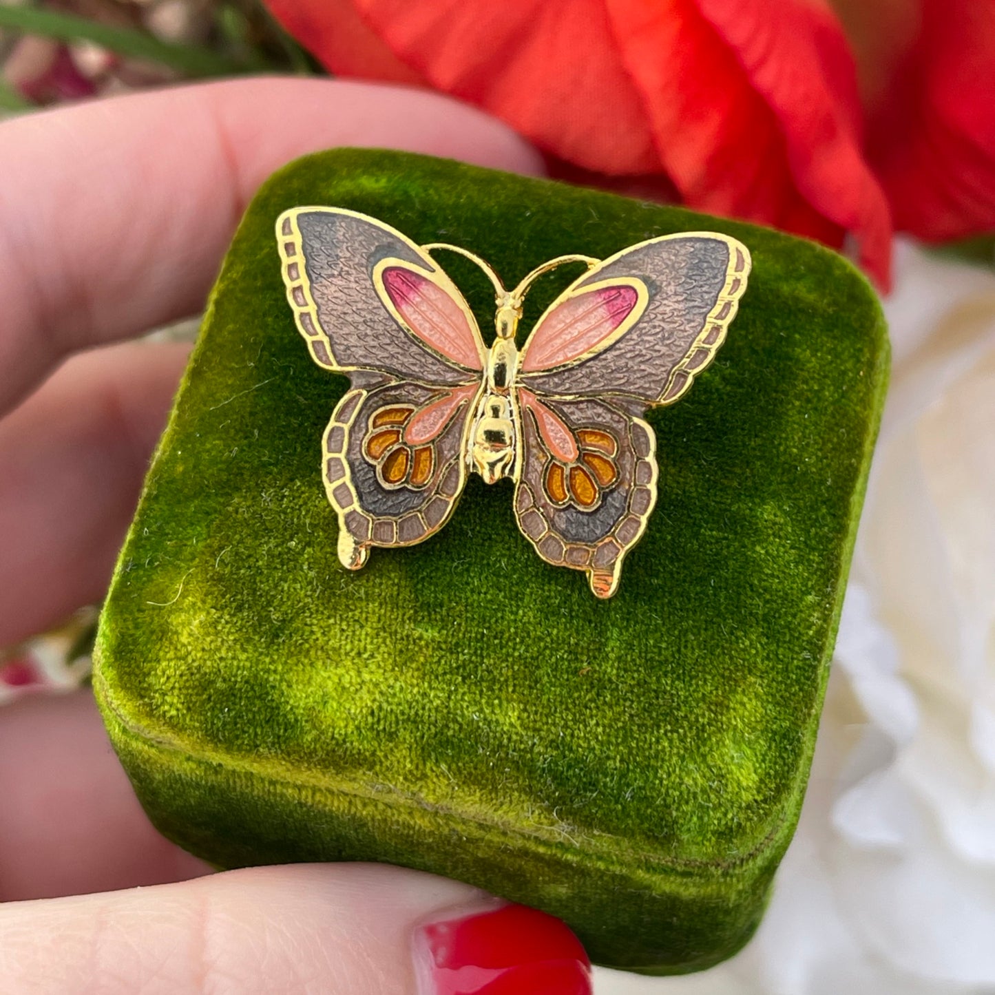 Vintage Gold Plated Cloisonné Butterfly Enamel Brooch