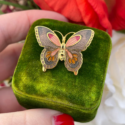 Vintage Gold Plated Cloisonné Butterfly Enamel Brooch
