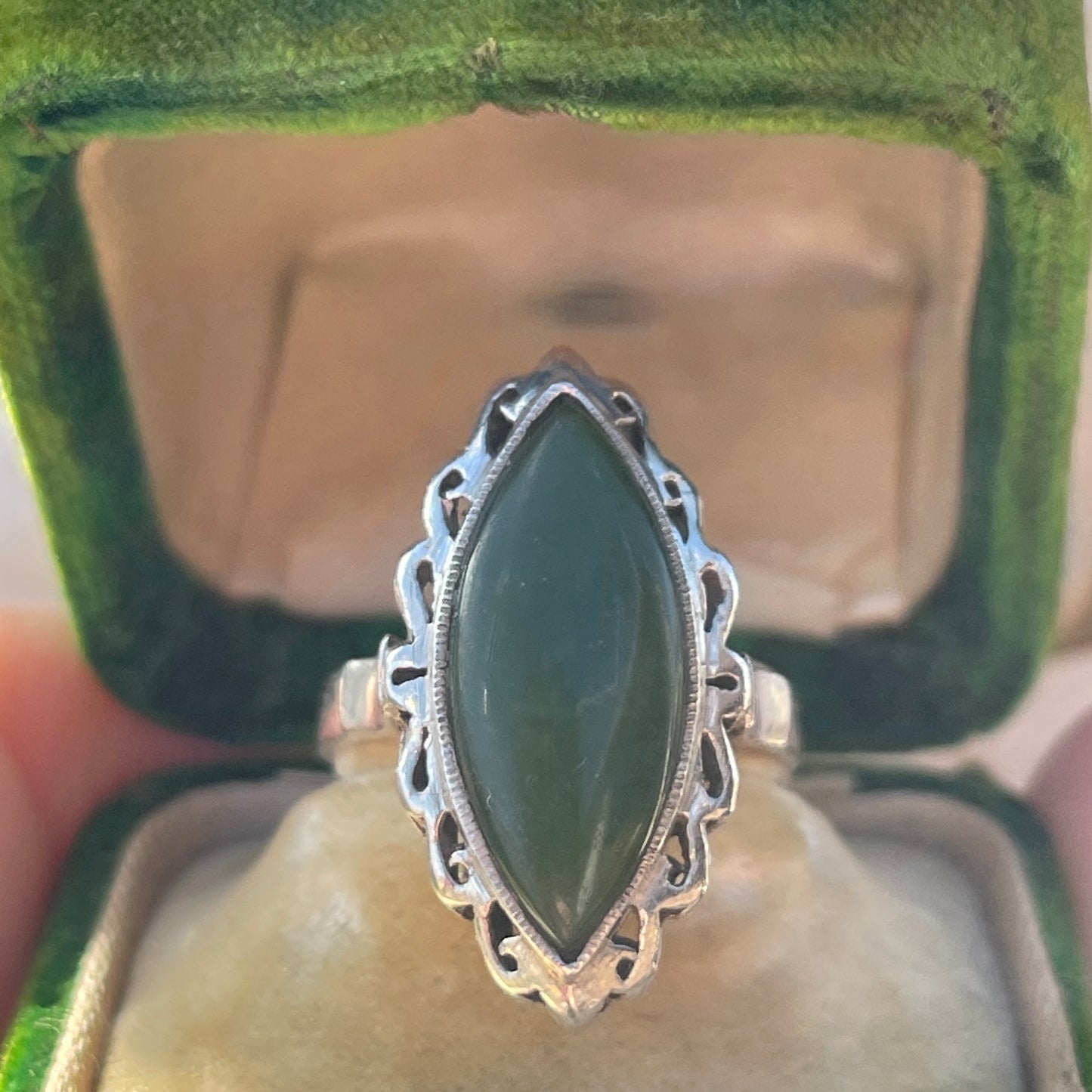 Antique Sterling Silver Large Navette Nephrite Jade Ring UK Q 5g