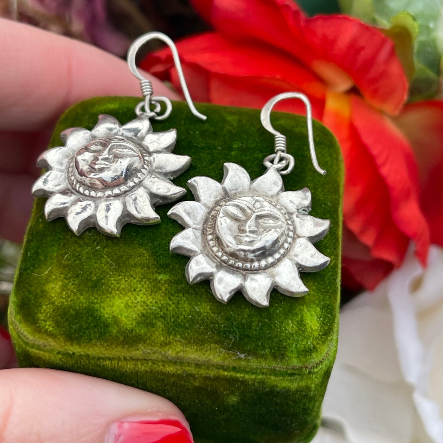 Vintage Sterling Silver Sun Face Earrings Celestial 90s