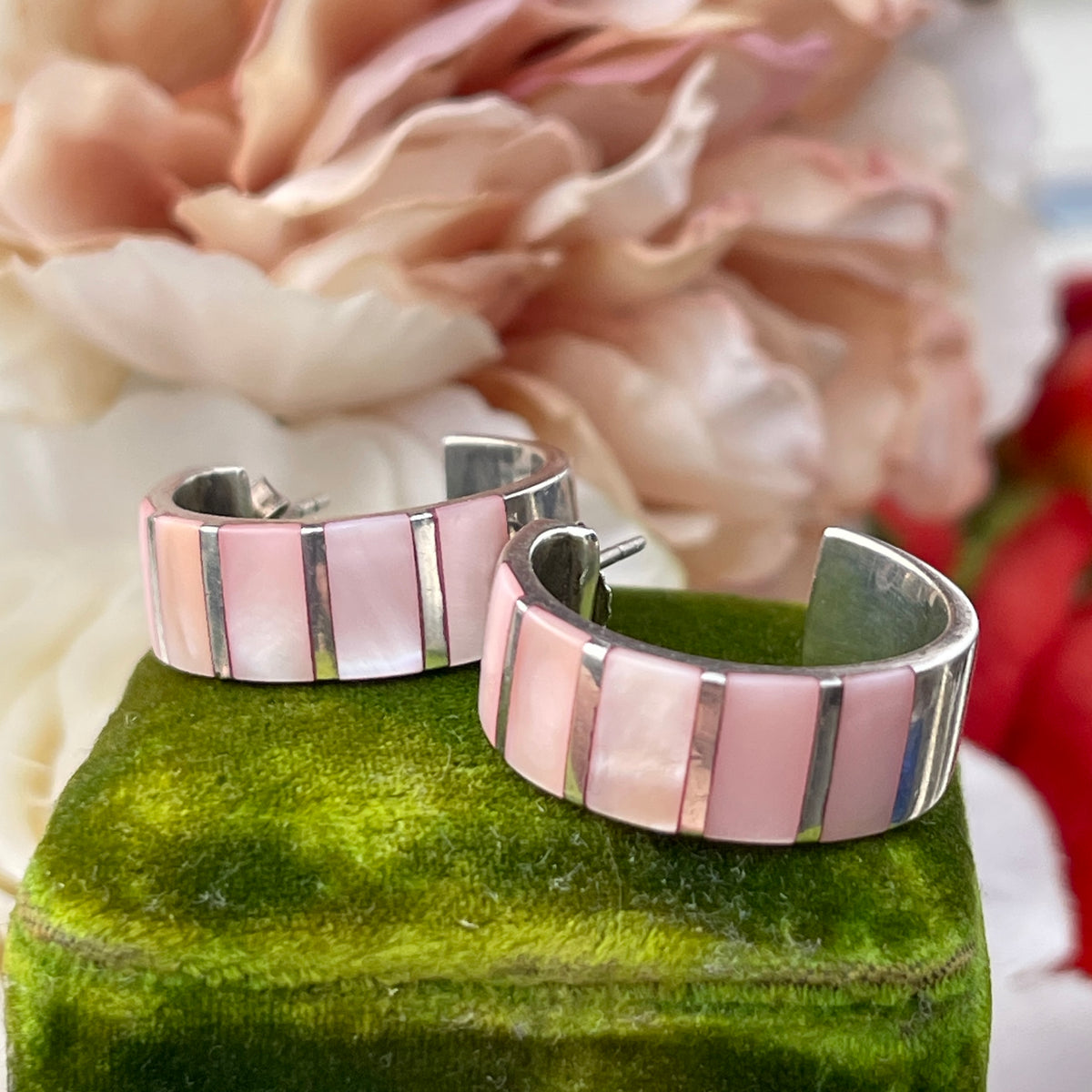 Sterling Silver Pink Mother Of Pearl Bold Half Hoop Earrings