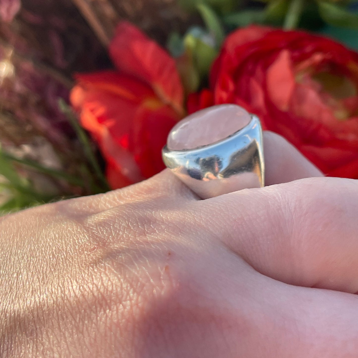 Sterling Silver Rose Quartz Cabochon Ring Statement Chunky Heavy M