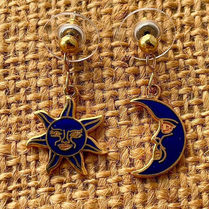 Vintage Blue Cloisonné Celestial Sun and Moon Stud Earrings