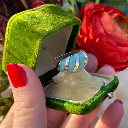 Sterling Silver Turquoise Stripe Bombe Ring Statement Chunky L-M