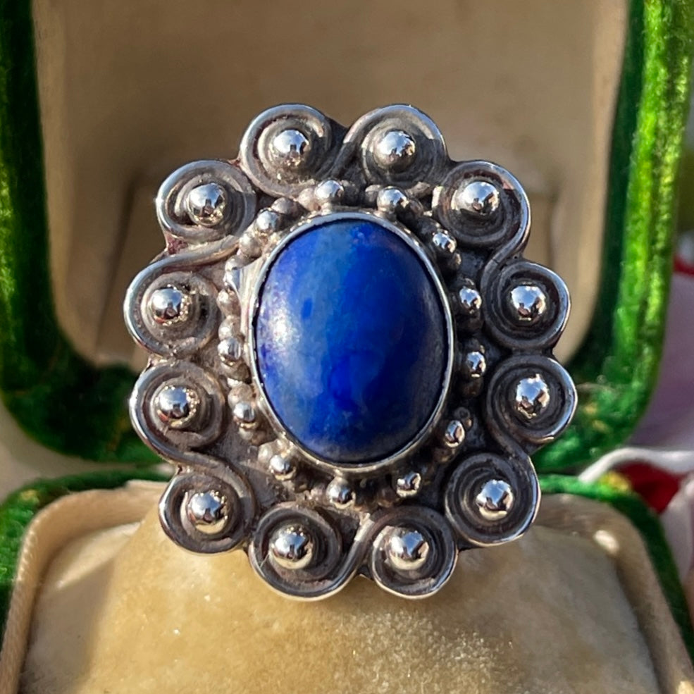 Vintage Sterling Silver Lapis Lazuli Swirl Statement Ring P