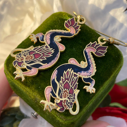 Vintage Cloisonné Mystical Black Pink Dragon Dropper Earrings