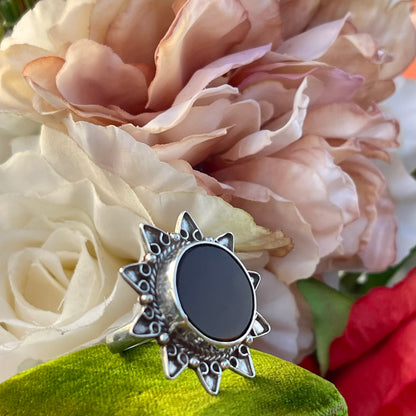 Vintage Sterling Silver 90s Indian Sun Burgundy Ring M 6.4g
