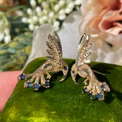 Vintage 9ct Yellow Gold Sapphire Hummingbird Bird Stud Earrings Rare 2.9g