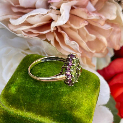 9ct Gold Peridot And Amethyst Cluster Flower Ring Yellow Gold R 3.5g